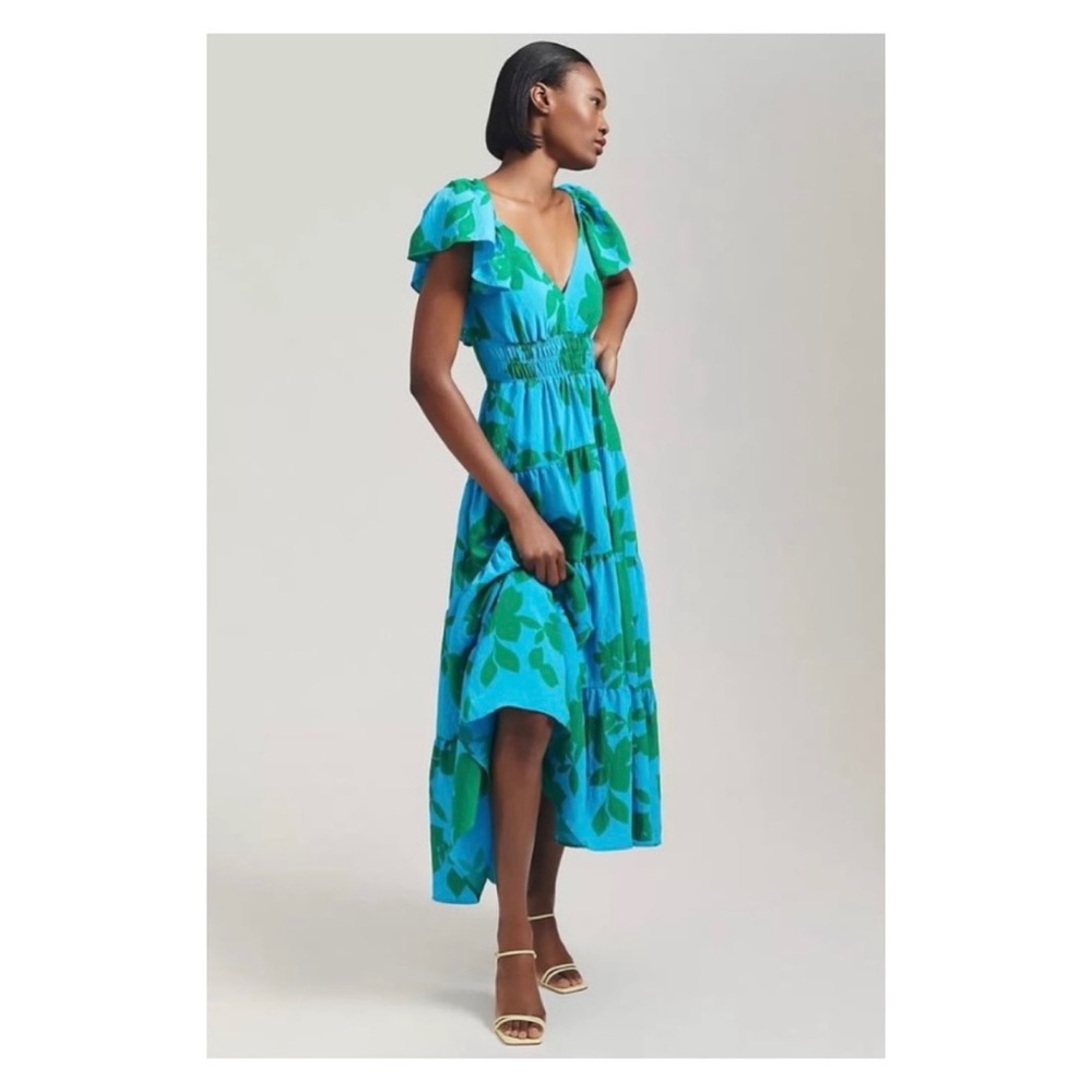 Anthropologie Blue & Green Floral Tiered Midi Dress